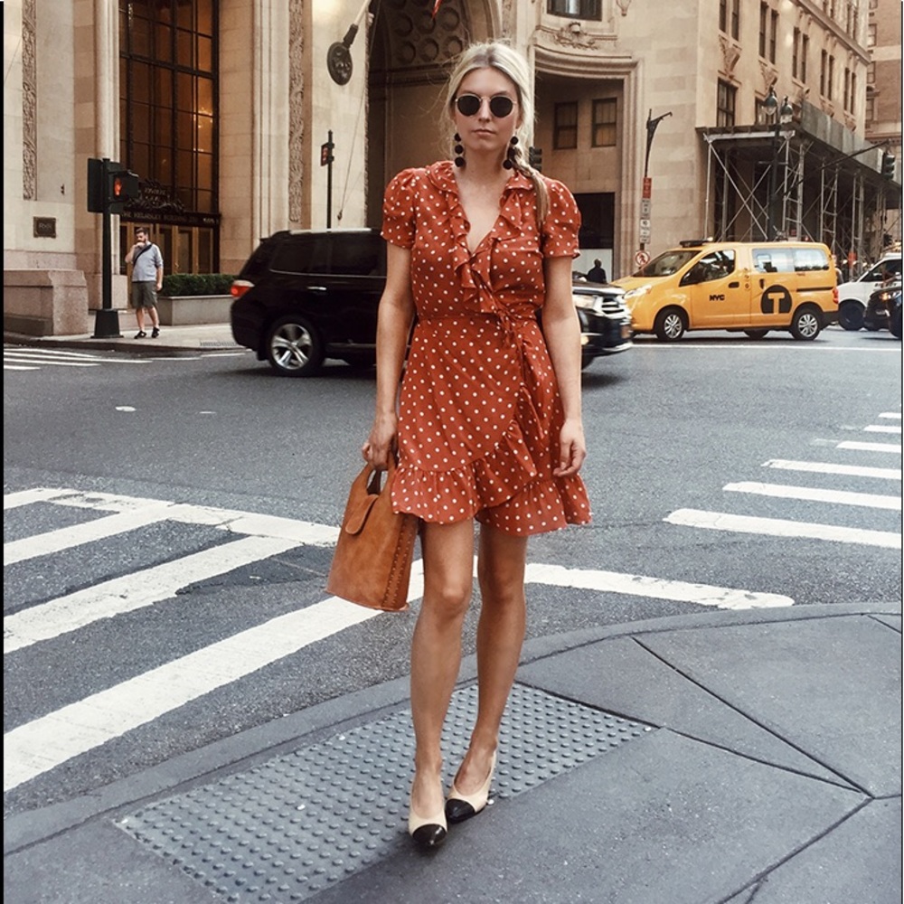 Brown and white polka dot ruffle wrap dress
